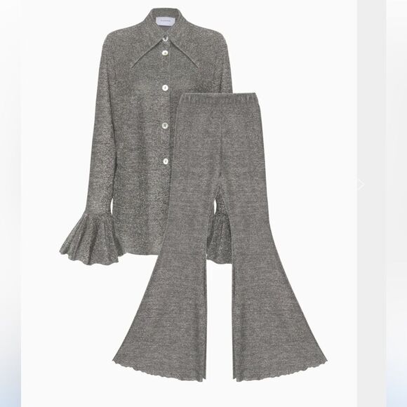 SLEEPER Lurex lounge suit set silver outfit bell bottoms blouse pajamas M